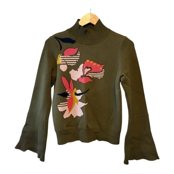 Anthropologie Knitted Knotted Olive Green MockNeck Abstract Floral Sweater sz M - Picture 16 of 16